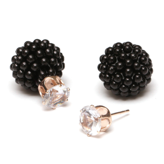Black berry ball bead with CZ double sided stud earrings