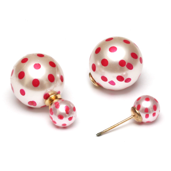 Deep pink dot printed acrylic ball double sided stud earrings