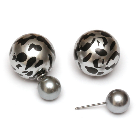Gray resin bead with leopard printed stainless steel double sided ear studs