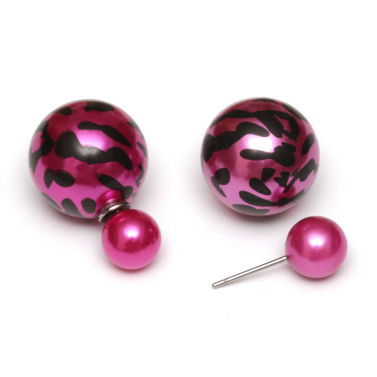 Magenta resin bead with leopard printed stainless steel double sided ear studs