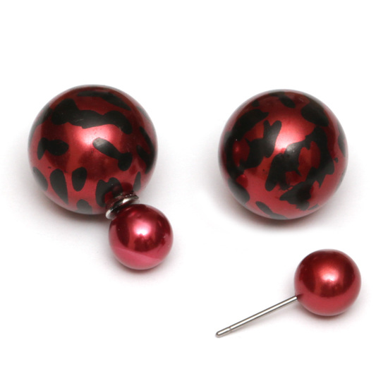 Crimson resin bead with leopard printed stainless steel double sided ear studs