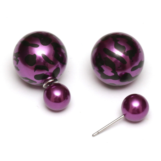 Purple resin bead with leopard printed stainless steel double sided ear studs