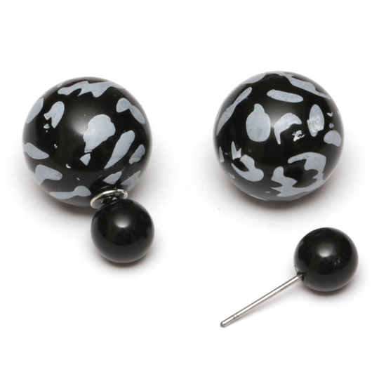 Black resin bead with leopard printed stainless steel double sided ear studs