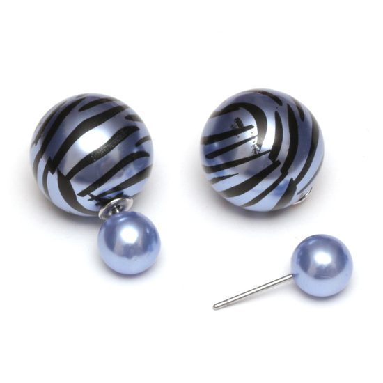 Blue resin bead with zebra printed stainless steel double sided stud earrings
