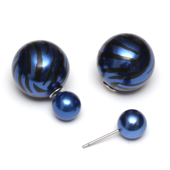 Dark blue resin bead with zebra printed stainless steel double sided stud earrings