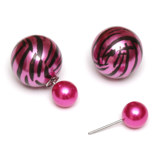 Fuchsia resin bead with zebra printed stainless steel double sided stud earrings