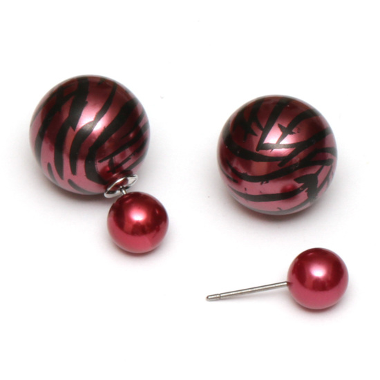 Old rose resin bead with zebra printed stainless steel double sided stud earrings