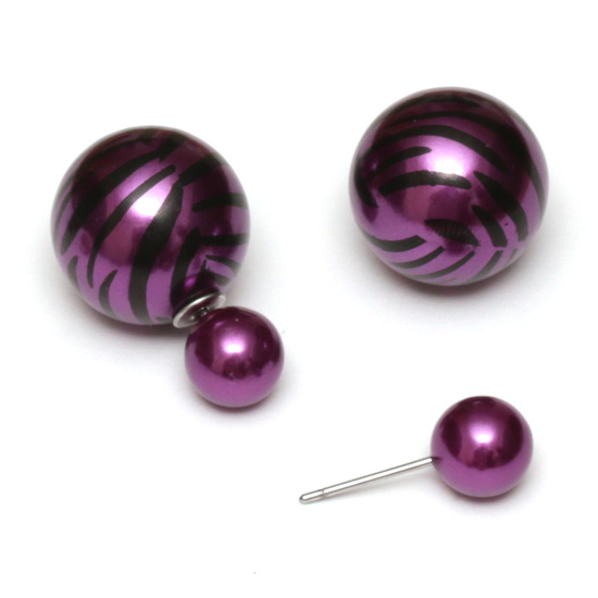 Plum resin bead with zebra printed stainless steel double sided stud earrings