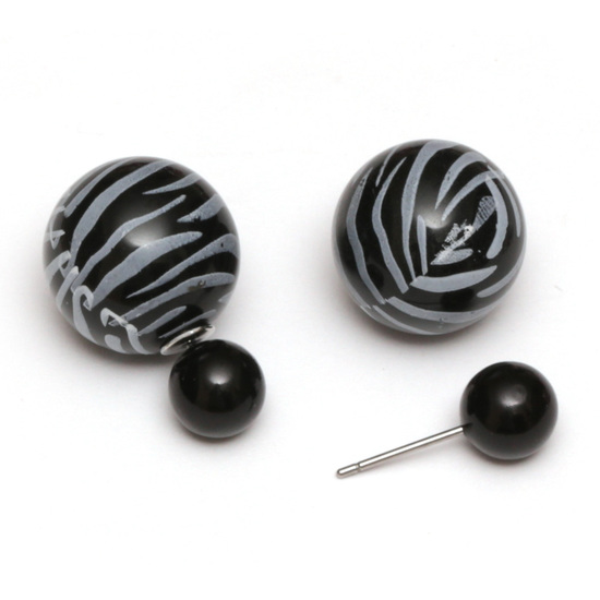 Black resin bead with zebra printed stainless steel double sided stud earrings