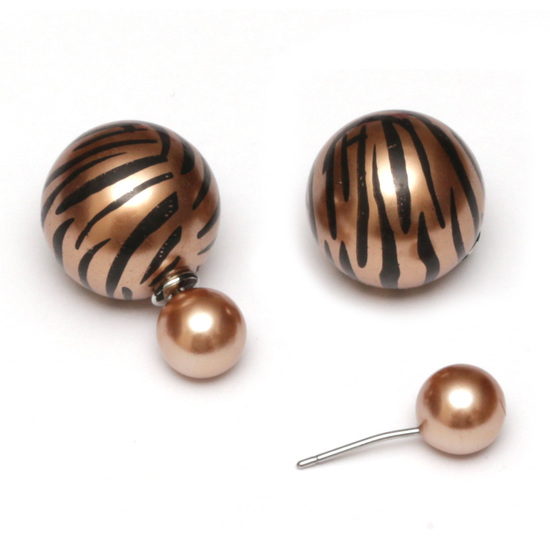 Camel resin bead with zebra printed stainless steel double sided stud earrings