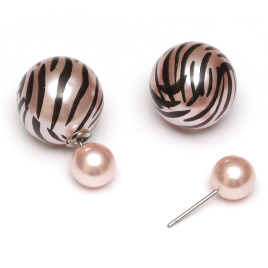 Peach resin bead with zebra printed stainless steel double sided stud earrings