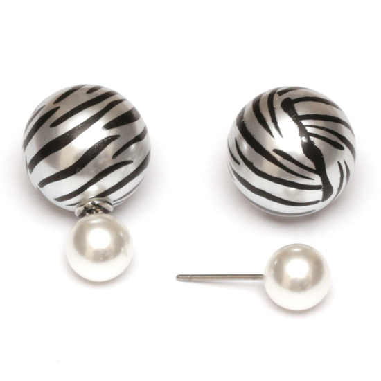 White resin bead with zebra printed stainless steel double sided stud earrings