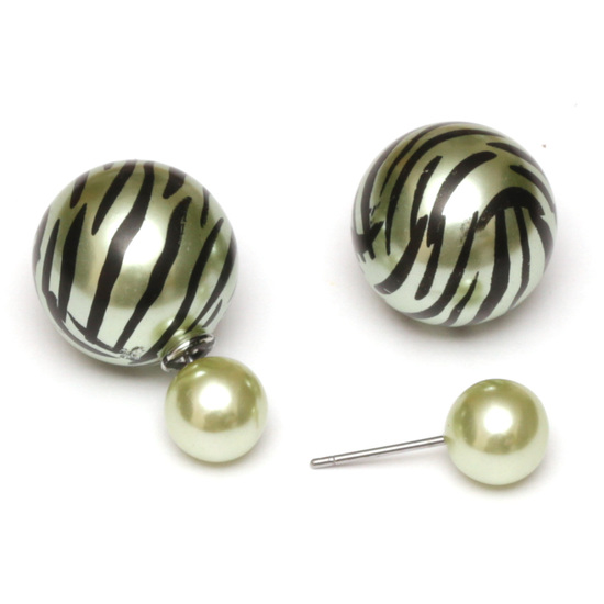Light green resin bead with zebra printed stainless steel double sided stud earrings