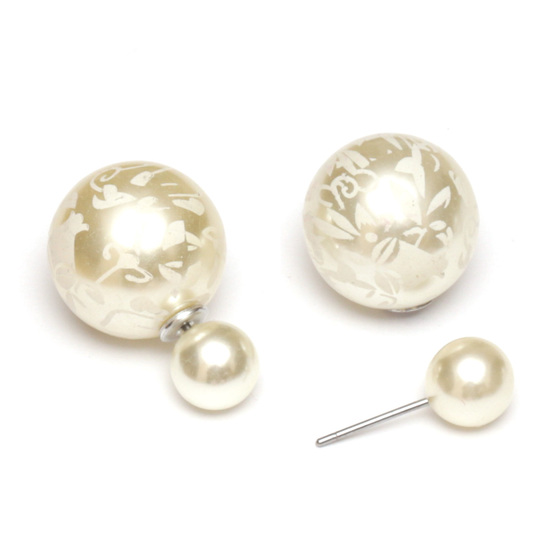 Ivory resin bead with flower printed stainless steel double sided stud earrings