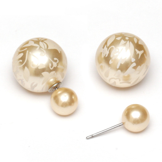 Beige resin bead with flower printed stainless steel double sided stud earrings