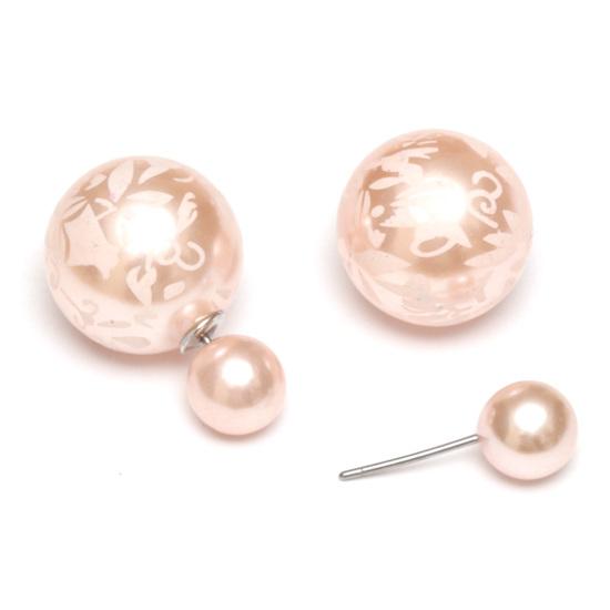 Peach puff resin bead with flower printed stainless steel double sided stud earrings