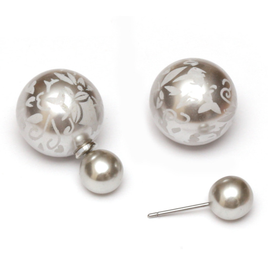 Gainsboro resin bead with flower printed stainless steel double sided stud earrings