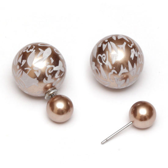 Rosy brown resin bead with flower printed stainless steel double sided stud earrings