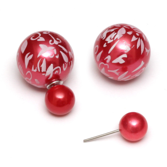 Red resin bead with flower printed stainless steel double sided stud earrings