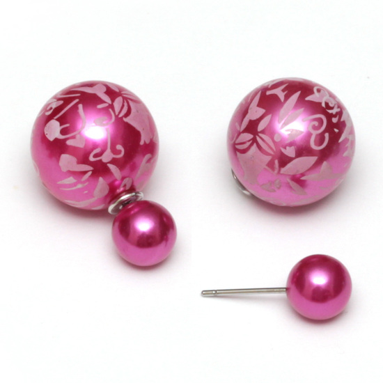 Orchid resin bead with flower printed stainless steel double sided stud earrings