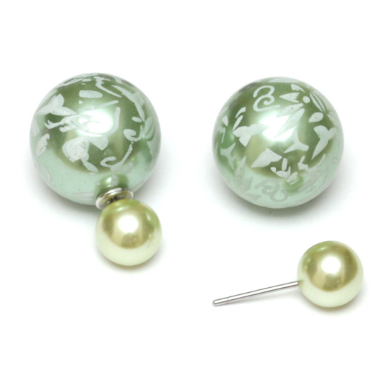 Light green resin bead with flower printed stainless steel double sided stud earrings