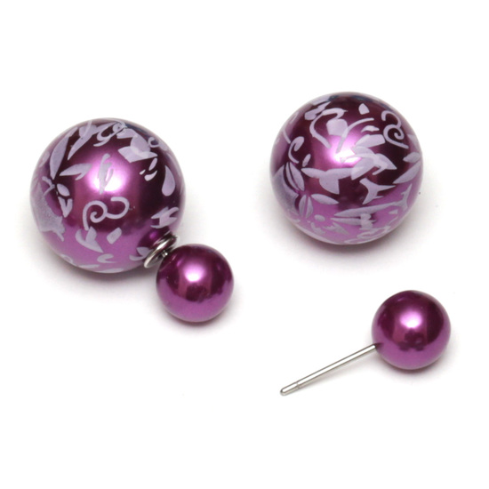 Purple resin bead with flower printed stainless steel double sided stud earrings