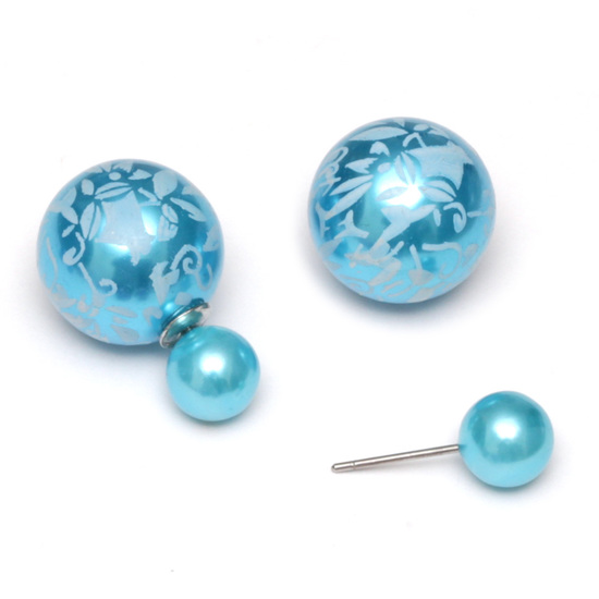 Blue resin bead with flower printed stainless steel double sided stud earrings