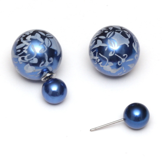 Dark blue resin bead with flower printed stainless steel double sided stud earrings