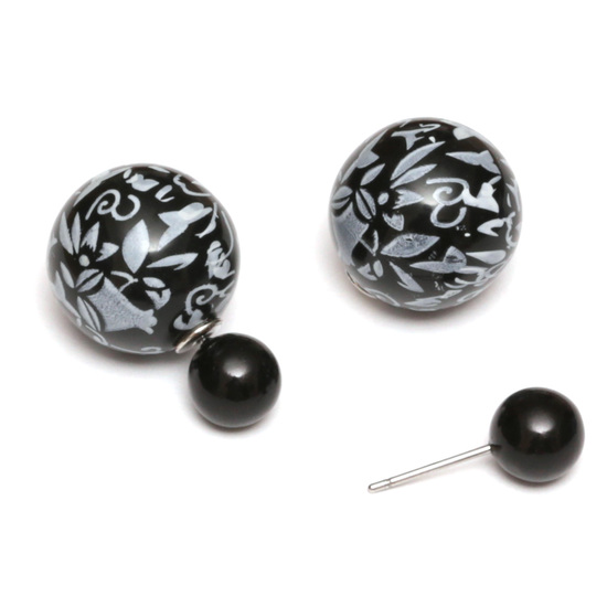 Black resin bead with flower printed stainless steel double sided stud earrings