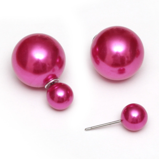 Magenta ABS acrylic pearl ball double sided stud earrings