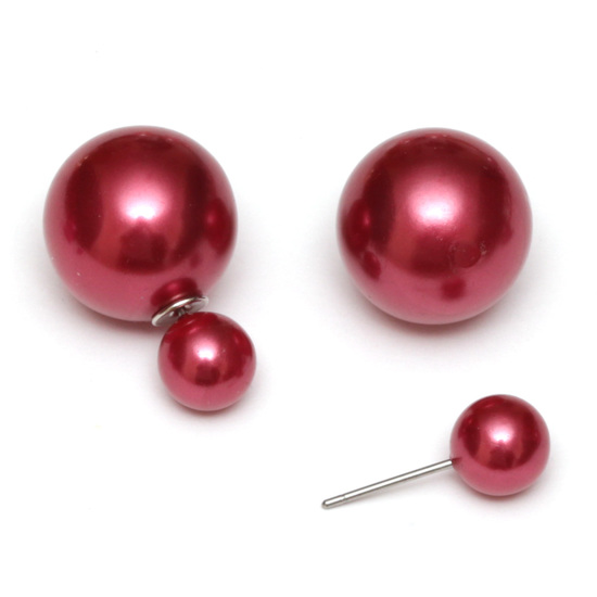 Dark red ABS acrylic pearl ball double sided stud earrings