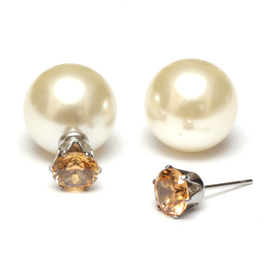 Golden CZ acrylic pearl bead 304 stainless steel double sided ear studs