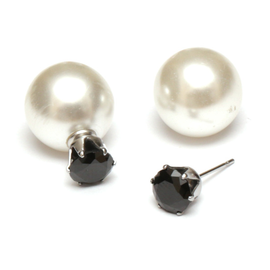 Black CZ acrylic pearl bead 304 stainless steel double sided ear studs