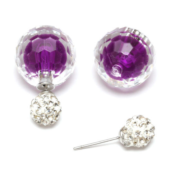 Mauve acrylic faceted bead with crystal ball double sided ear studs
