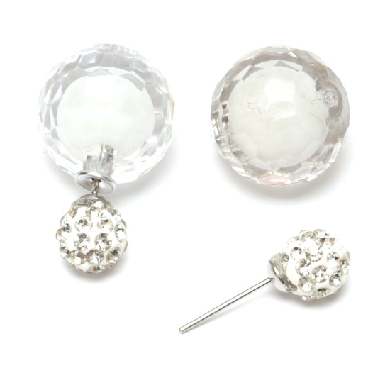 White acrylic faceted bead with crystal ball double sided ear studs