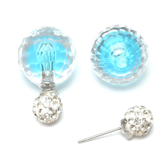 Blue acrylic faceted bead with crystal ball double sided ear studs