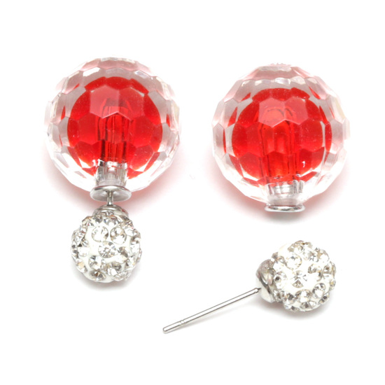 Orange red acrylic faceted bead with crystal ball double sided ear studs