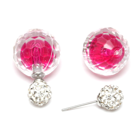Deep pink acrylic faceted bead with crystal ball double sided ear studs