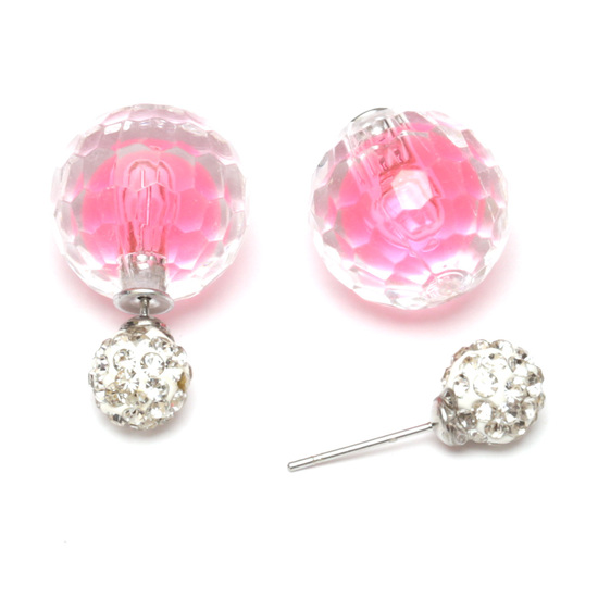 Pink acrylic faceted bead with crystal ball double sided ear studs