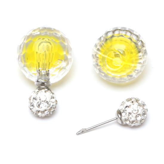 Yellow acrylic faceted bead with crystal ball double sided ear studs