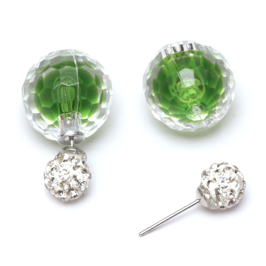 Green acrylic faceted bead with crystal ball double sided ear studs