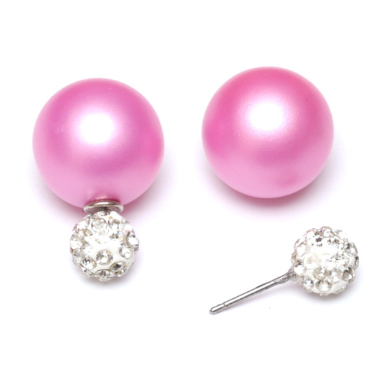 Pink frosted acrylic bead with crystal ball double sided stud earrings
