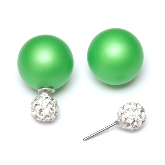 Green frosted acrylic bead with crystal ball double sided stud earrings