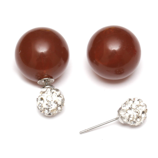Brown candy colour acrylic bead with crystal ball double sided stud earrings