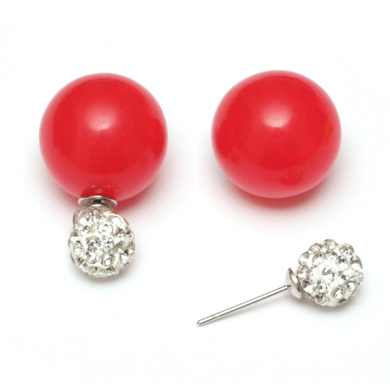 Red candy colour acrylic bead with crystal ball double sided stud earrings