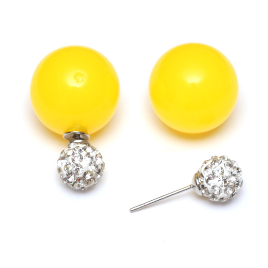 Yellow candy colour acrylic bead with crystal ball double sided stud earrings