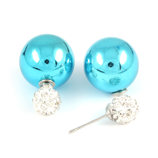Turquoise plastic pearl bead with crystal ball double sided stud earrings