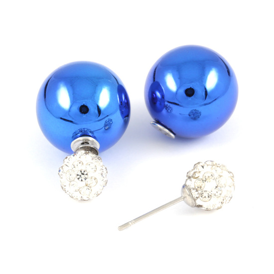 Blue plastic pearl bead with crystal ball double sided stud earrings