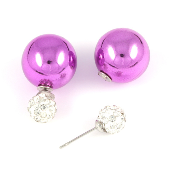Violet plastic pearl bead with crystal ball double sided stud earrings