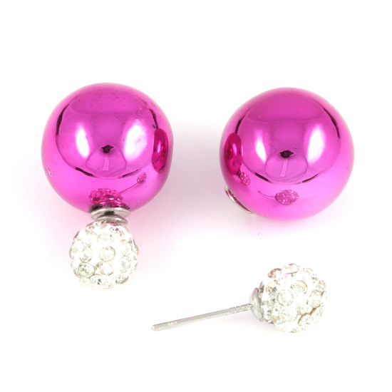 Orchid plastic pearl bead with crystal ball double sided stud earrings
